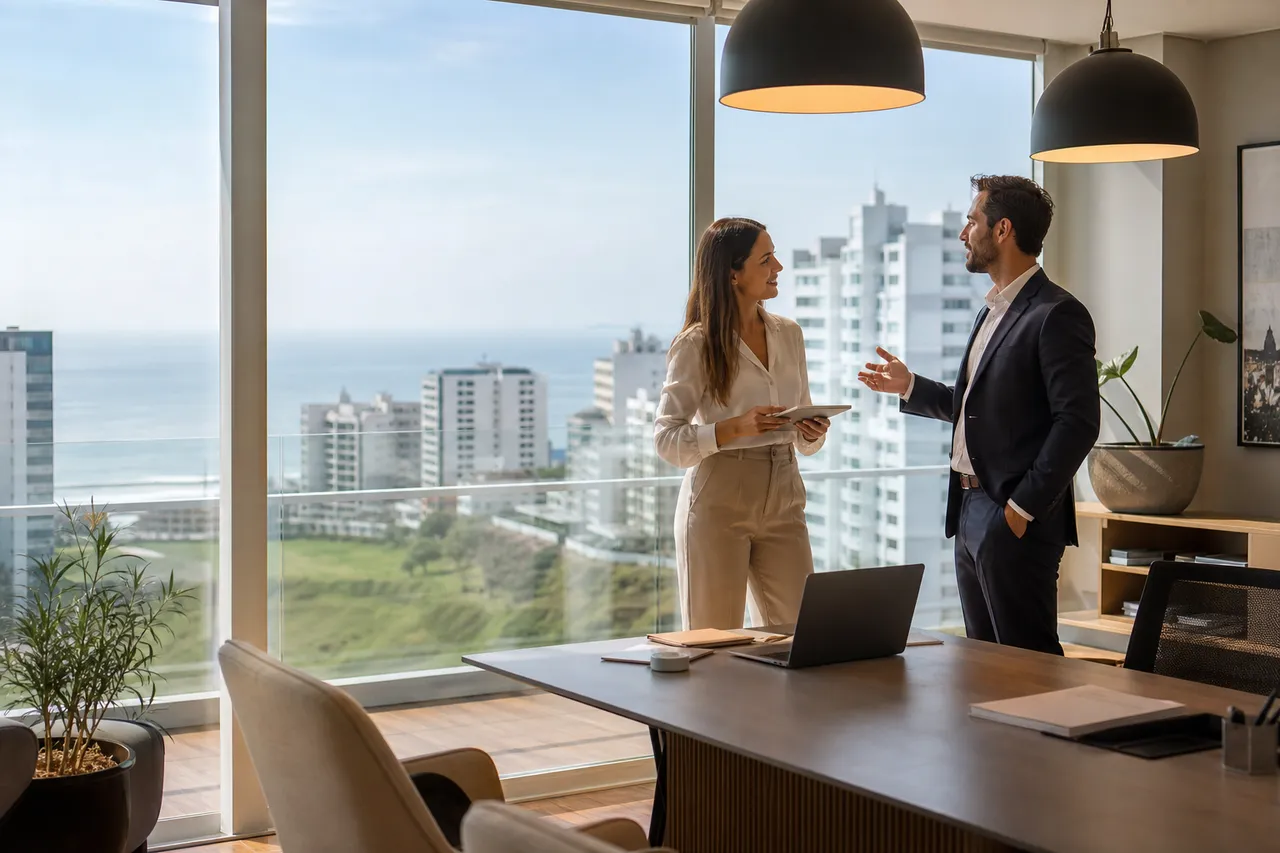 Oficina inmobiliaria moderna en Lima con vista a Miraflores y el Pacífico