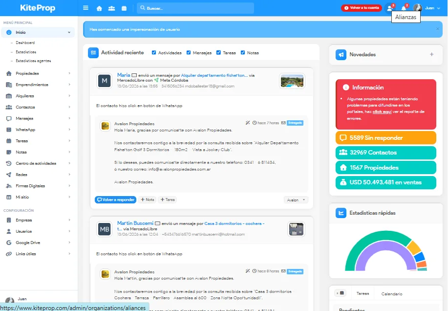 Actividad reciente — Consultas, mensajes y seguimiento centralizado del equipo.