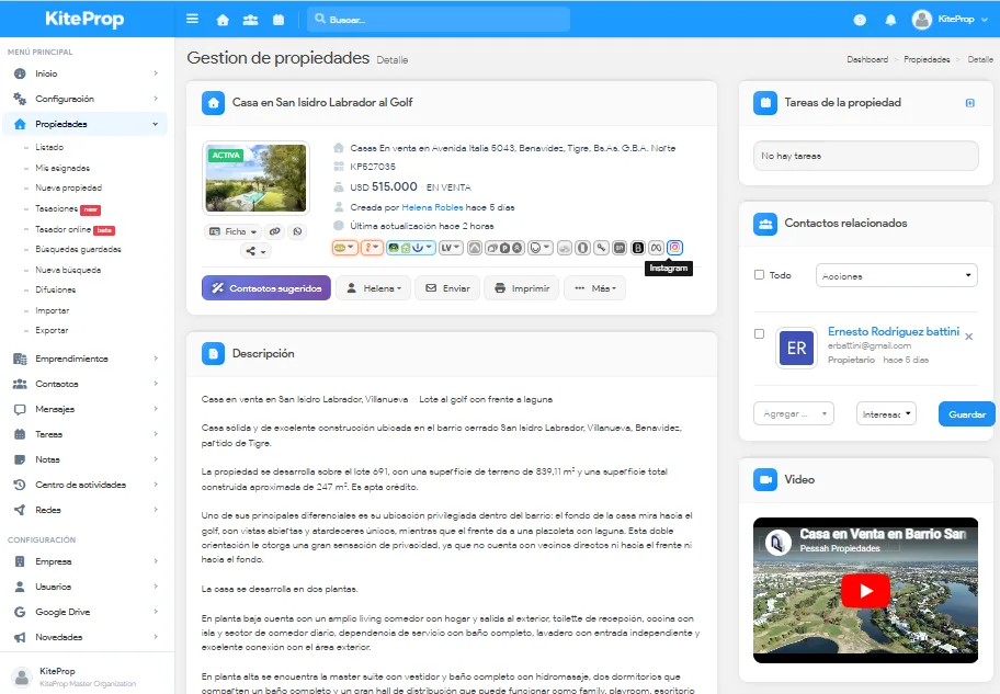 Ficha de propiedad — Detalle completo con fotos, contactos, tareas y publicaciones.